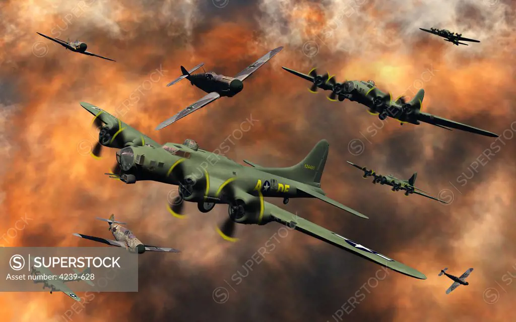 A 3D conceptual image depicting the conflict that took place in the WW2 skies over Nazi occupied Europe, between American B-17 Flying Fortress bombers & German Messerschmitt Bf 109 fighter planes