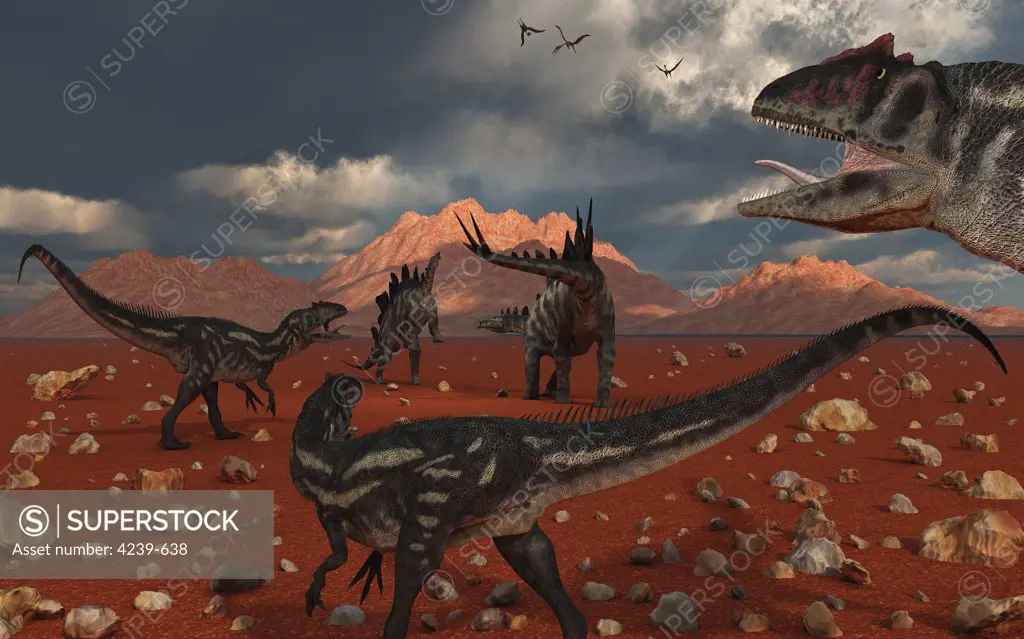 A pack of carnivorous Allosaurus dinosaurs track down a pair of herbivorous Stegosaurus dinosaurs