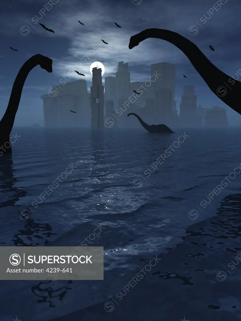 The famed lost city of Atlantis is seen illuminated by moonlight and co-existing with the dinosaurs