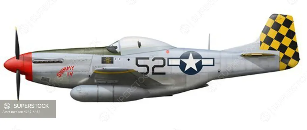 North American P-51D Mustang, nicknamed Shimmy IV, was the last Mustang assigned to a USAF tactical unit. It is painted as the P-51D flown by Colonel C.L. Sluder, commander of the 325th Fighter Group in Italy in 1944.