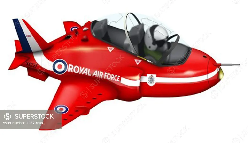 Cartoon illustration of a Royal Air Force Red Arrows Hawk airplane.