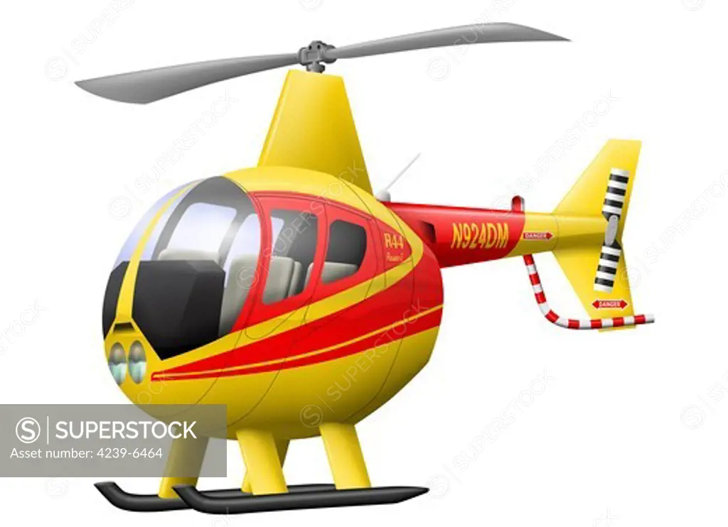 Cartoon illustration of a Robinson R44 Raven helicopter.