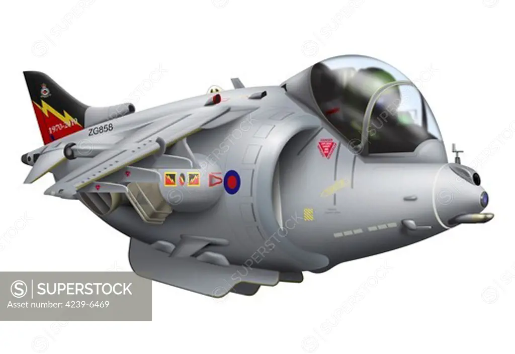 Cartoon illustration of a Royal Air Force Harrier jet plane.