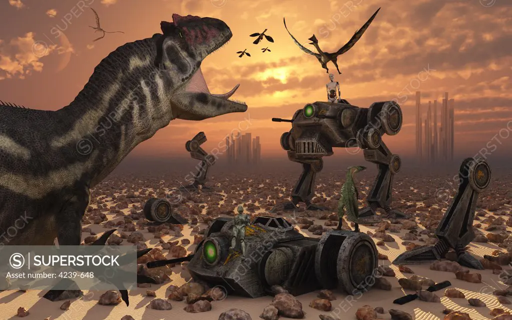 Artist's concept illustrating an alternate reality where dinosaurs and robots fight a war that will ultimately see the survival of the fittest