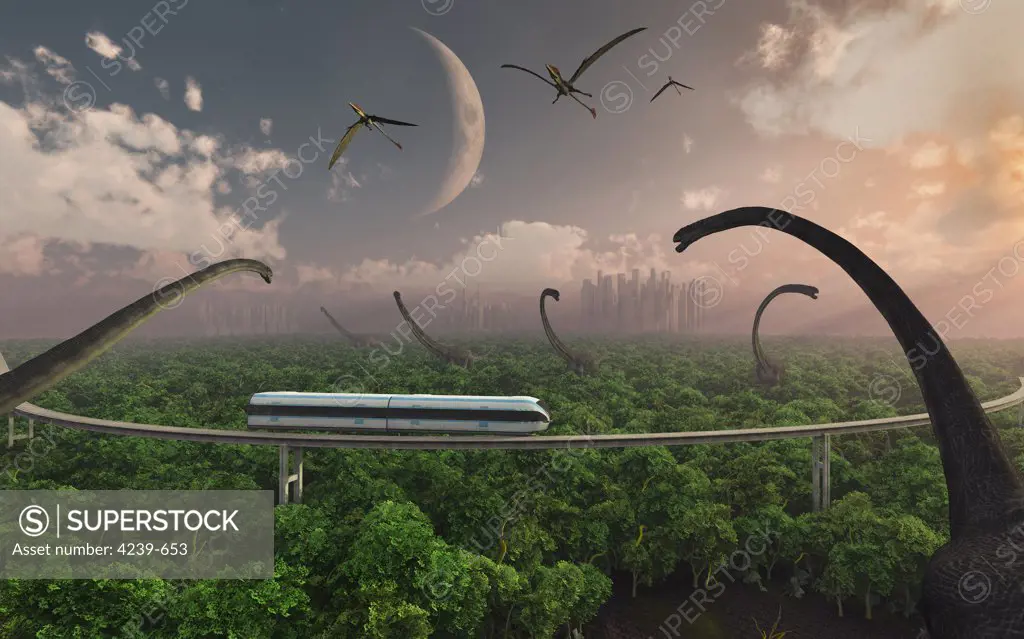 Artist's concept illustrating tourists taking a monorail ride through an Omeisaurus enclosure at a futuristic dinosaur park