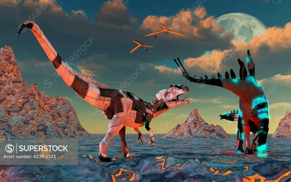 A sci-fi scene of Allosaurus and Stegosaurus dinobots about to battle.