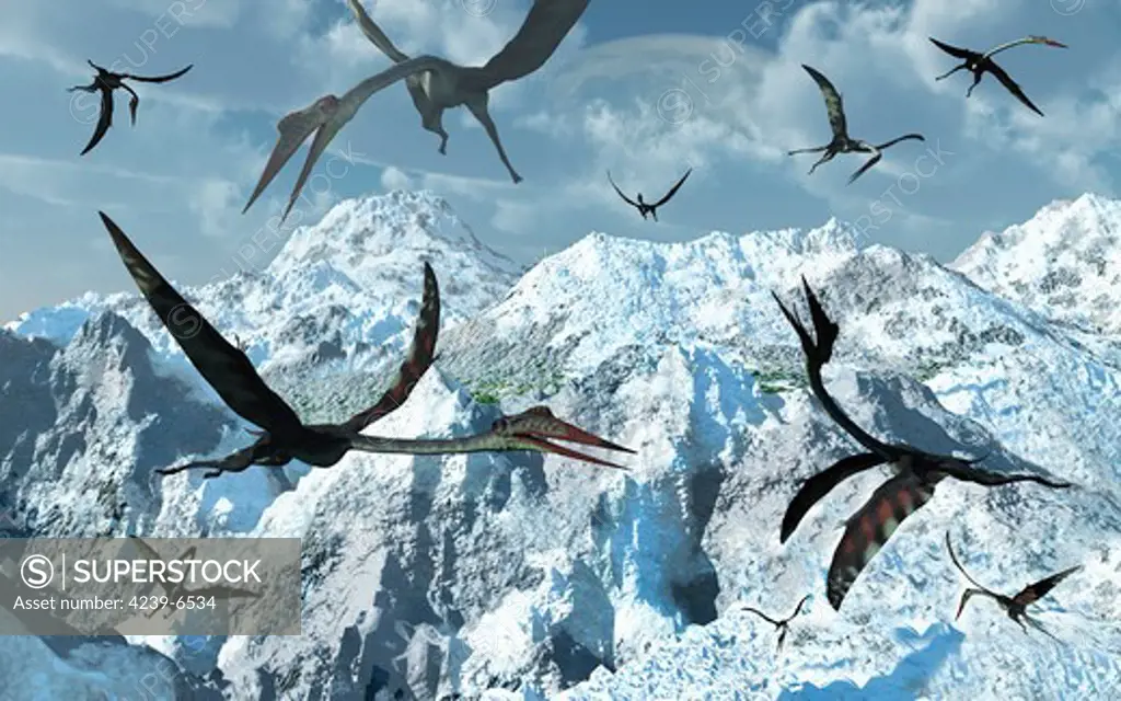 A flock of giant Quetzalcoatlus from Earth's Cretaceous era.