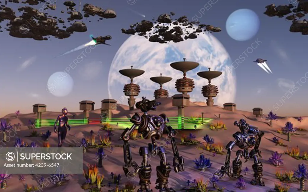 Robots busy at work constructing a new base on an alien moon.