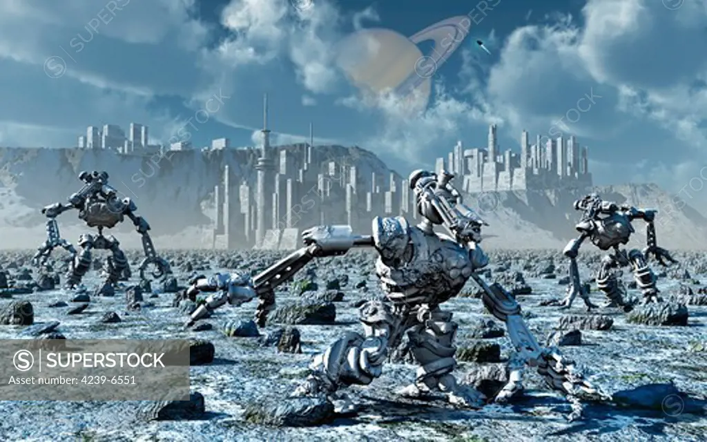 A sci-fi conceptual image of robots gathering rich mineral deposits from the surface of an alien moon.