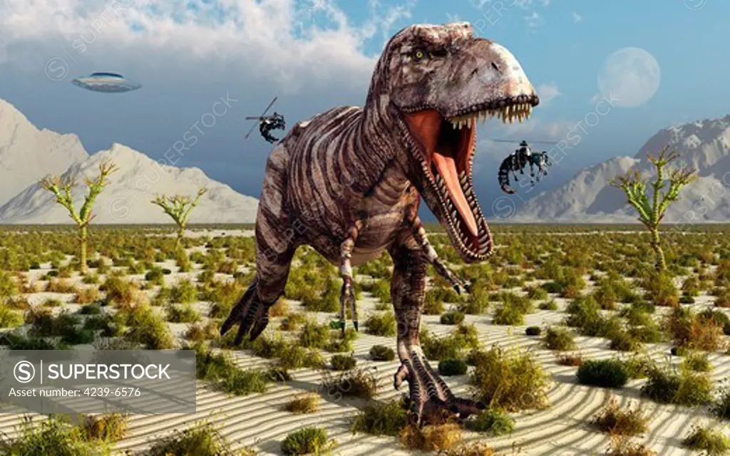 Insectoid drones trying to collect DNA samples from an unhappy Tyrannosaurus Rex.