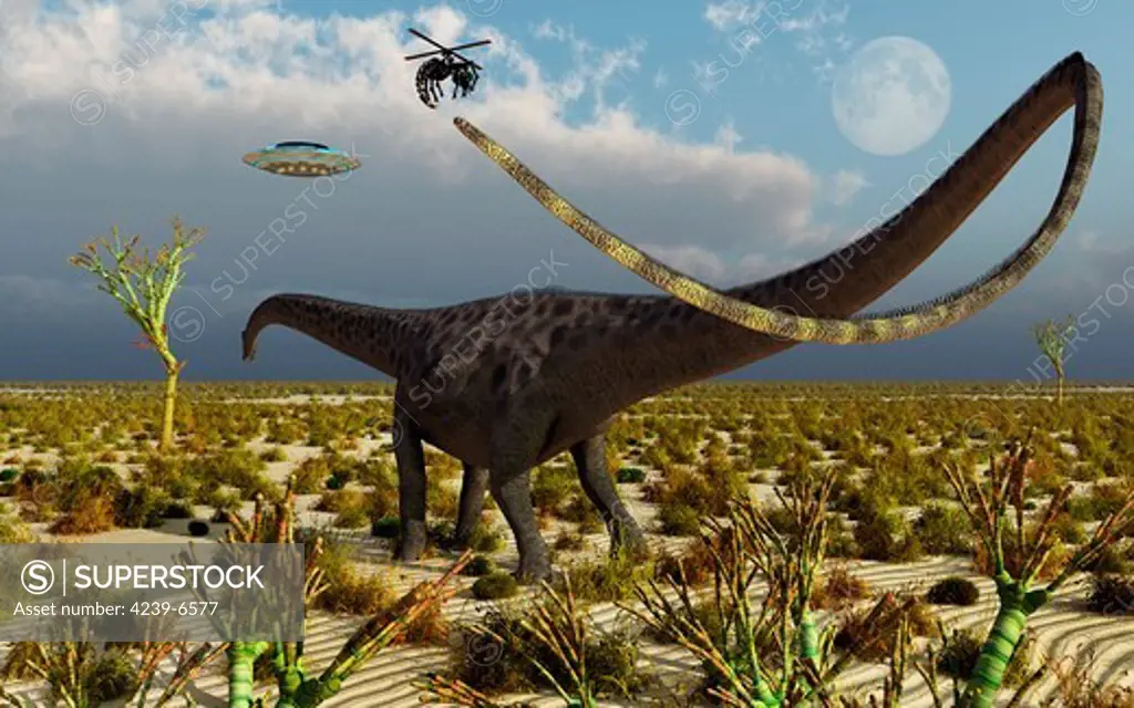 Insectoid drones busy collecting DNA samples from a Diplodocus sauropod dinosaur during Earth's Jurassic Era.