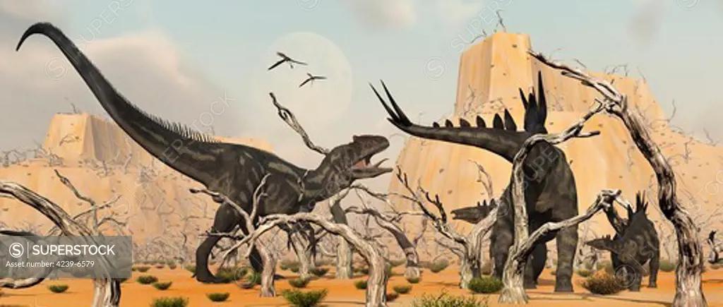 A female Stegosaurus battles to save her infant from the jaws of a carnivorous Allosaurus.