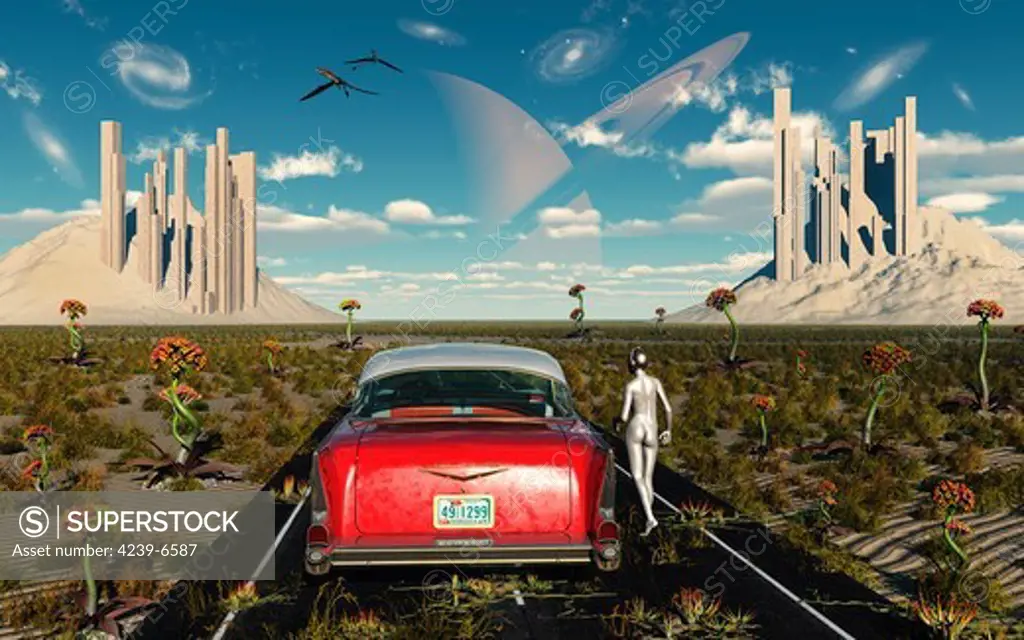 A Chevrolet car and robotic driver on a highway to nowhere on an alien world.