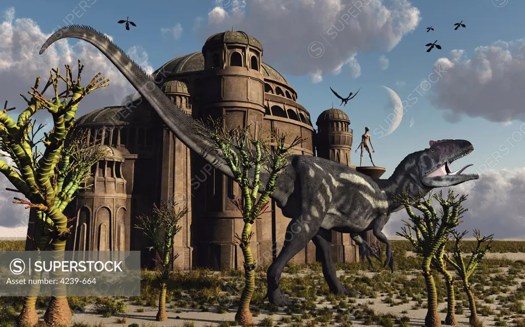 An Allosaurus strolls past one of the reptoids rather impressive buildings