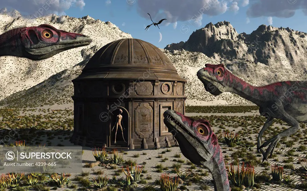 A group of Compsognathus dinosaurs are more than a little curious about a reptoid building that stands alone with a keeper on the deserts edge