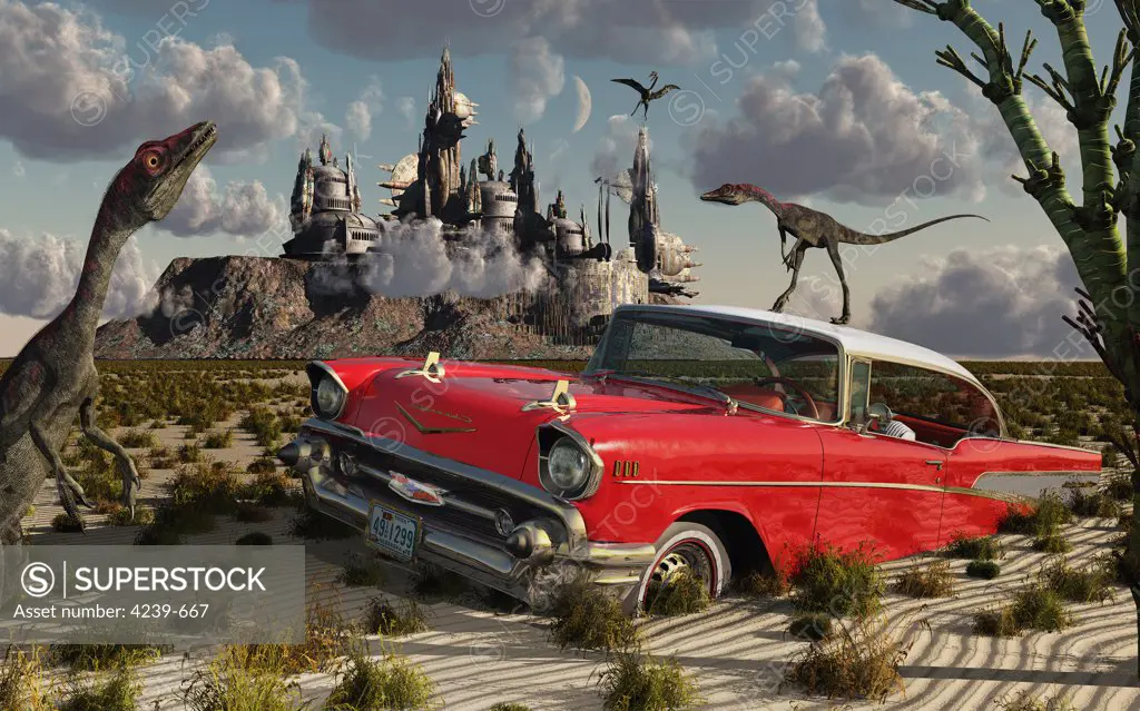 Artist's concept illustrating a strange combination of Compsognathus dinosaurs, a red Cadillac and futuristic buildings
