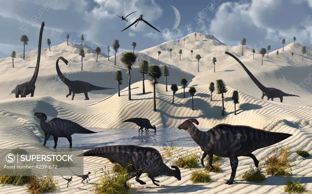 Omeisaurus, Parasaurolophus, Compsognathus, and Eudimorphodon dinosaurs gather at a life saving oasis on the edge of a desert region