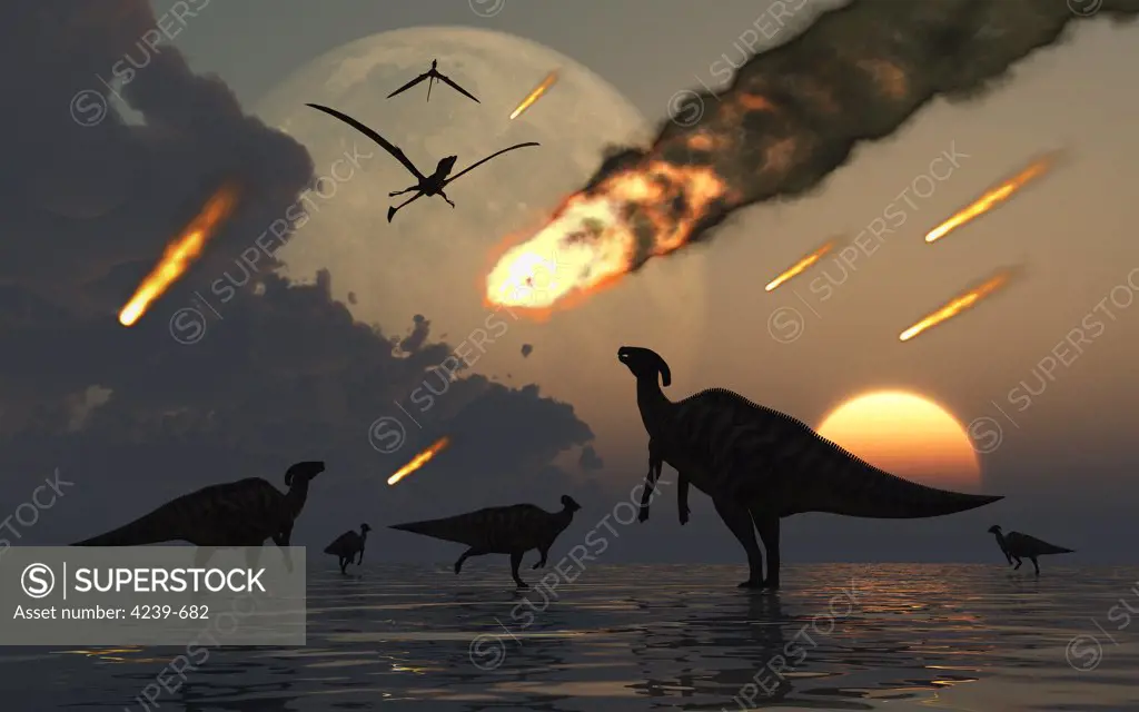 A small herd of duck-billed hadrosaurs known as Parasaurolophus graze peacefully, unaware that the falling burning meteors that they can see along with its breakaway fragments will very soon bring all dinosaur life to a mass extinction