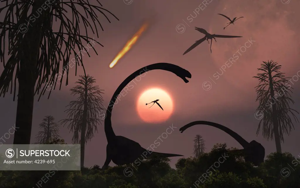 Omeisaurus sauropod dinosaurs graze peacefully as a falling bright light brings about extinction as it crashes into the Earth