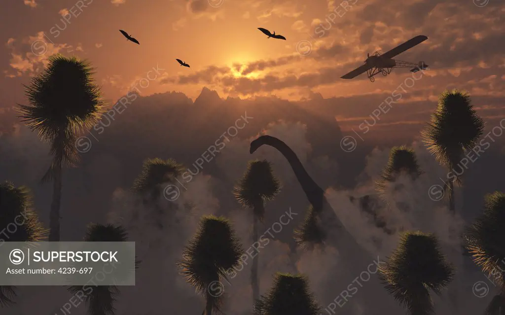 Artist's concept illustrating somewhere lost in the midst of time, a secret lost world where time stands still and dinosaurs roam about freely