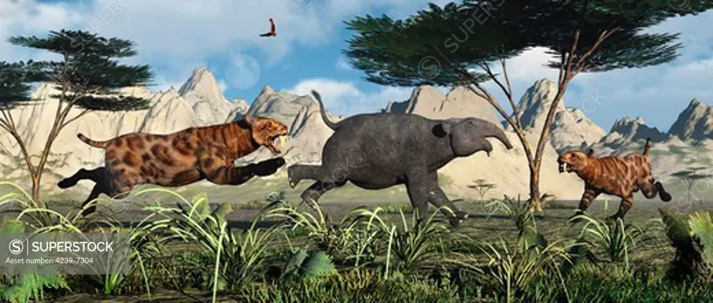 A pair of Sabre-Toothed Tigers hunting down a young Deinotherium.