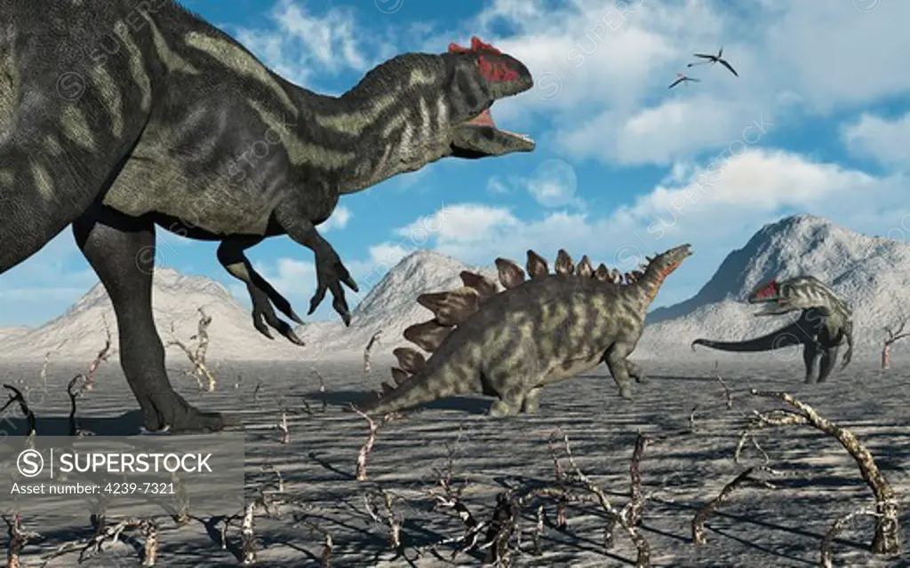 A pair of Allosaurus dinosaurs moving in to kill a Stegosaurus trapped in a deadly mud pit.