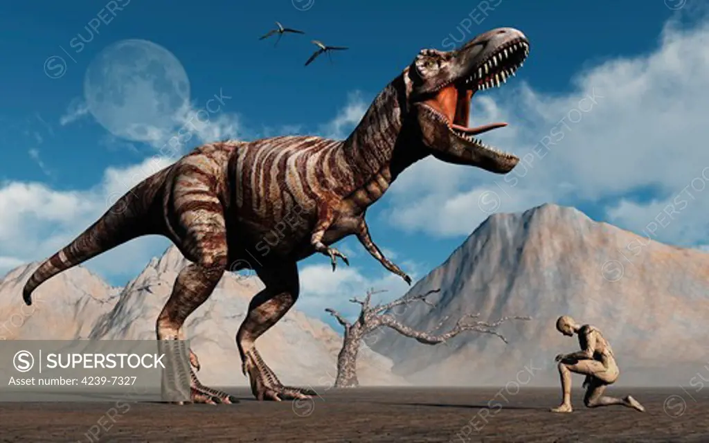 The first man, Adam, kneels down before the famous T-Rex dinosaur.