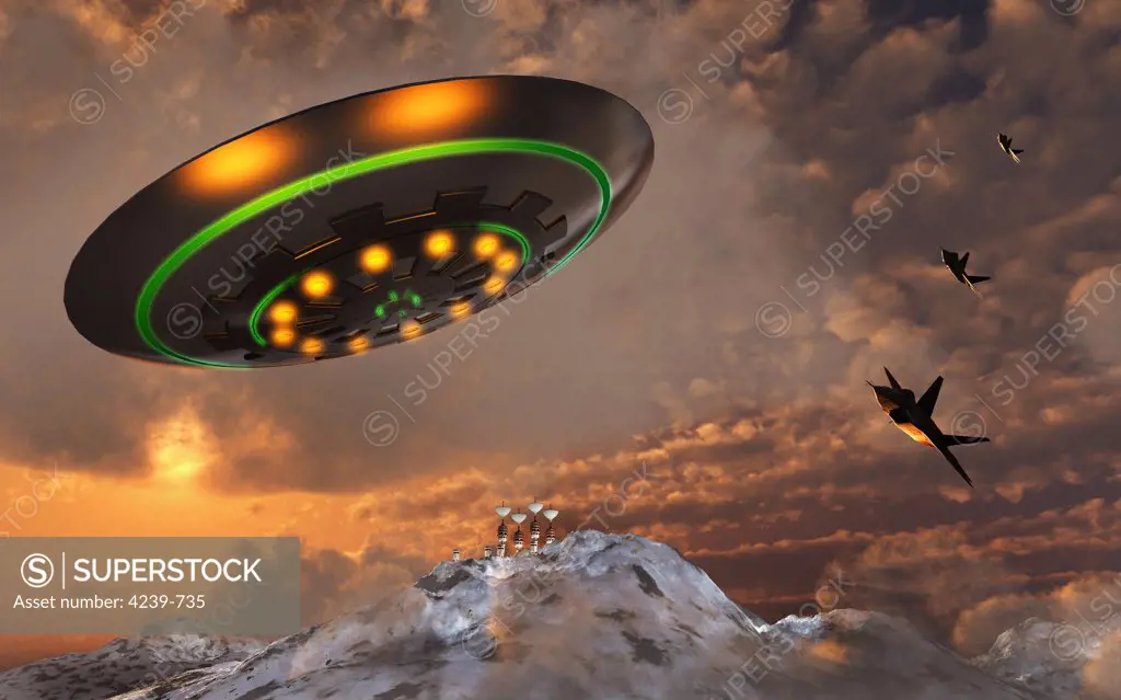 A 3D conceptual image depicting American F-22 Raptors chasing a UFO near a secret unofficial base