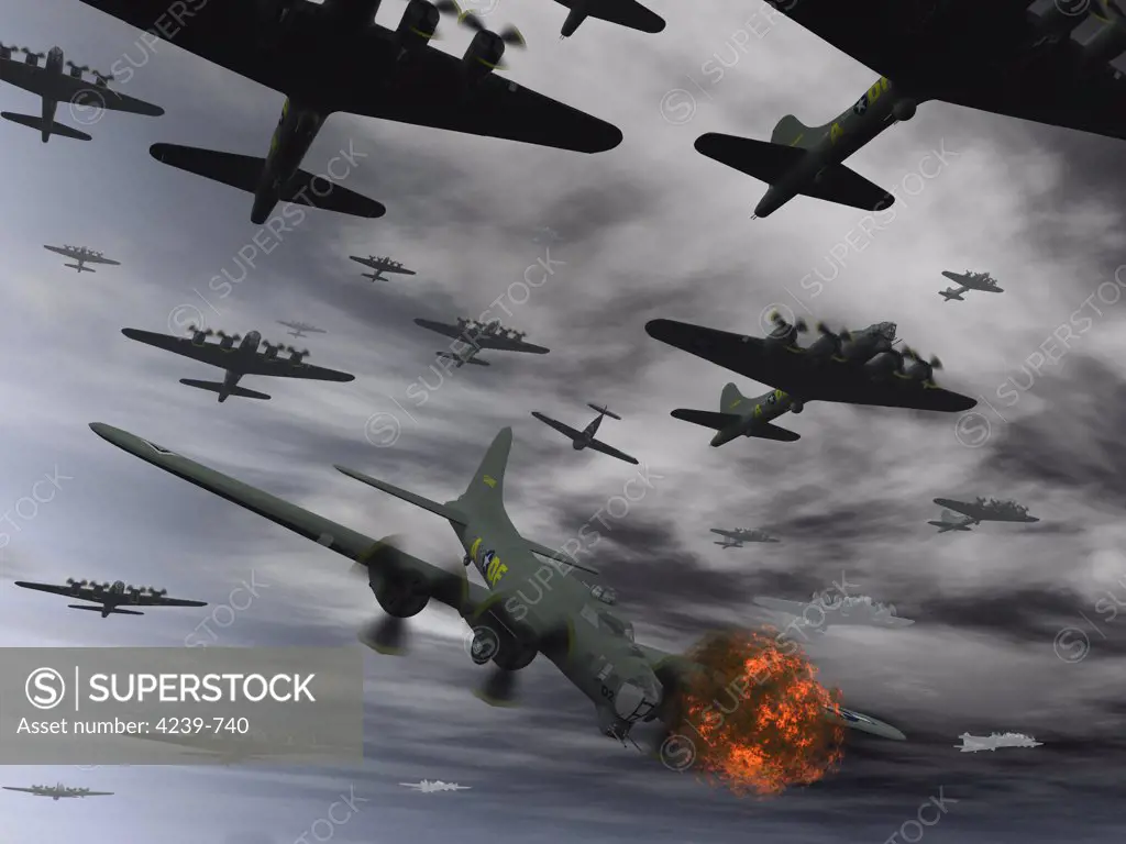 An American B-17 Flying Fortress is set ablaze by a German Interceptor Fighter Plane