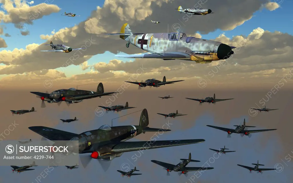 German Heinkel He 111 bombers gather over the English Channel as they join forces with their fighter escorts, the Messerschmitt Bf 109, while on their way to bombing targets in England during the Battle of Britain
