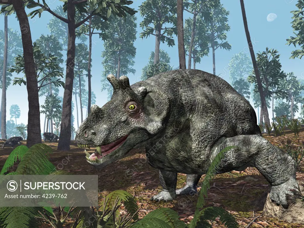 A herbivorous dinocephalian therapsid grazes on a hilltop 255 million years ago in what is today in the European part of Russia near the Ural Mountains
