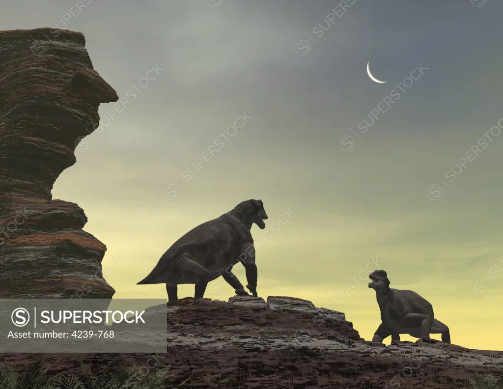 Two giant Moschops face off on a sandstone mesa 250 million years ago in what is today the Karoo region of South Africa