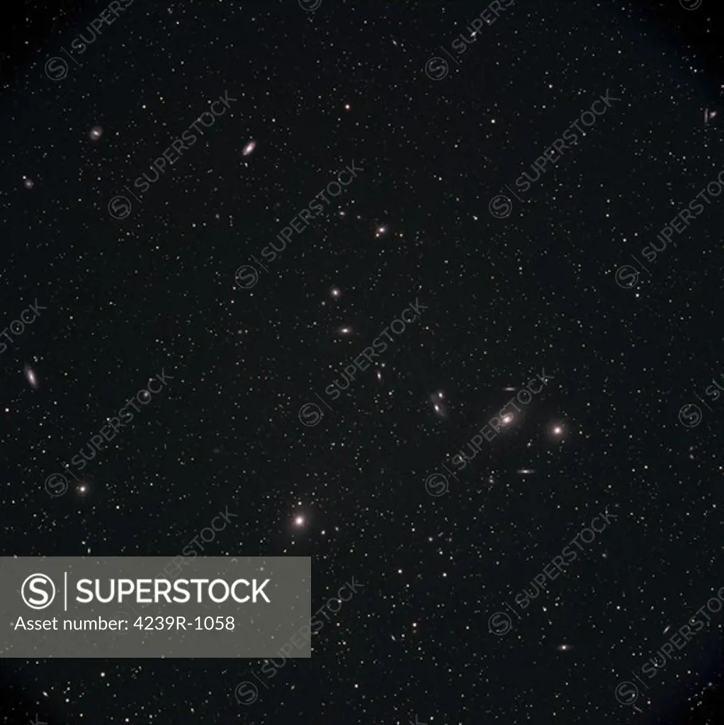 Markarian's Chain Galaxies showing Messier 84, Messier 86, Messier 87, Messier 88, and Messier 90