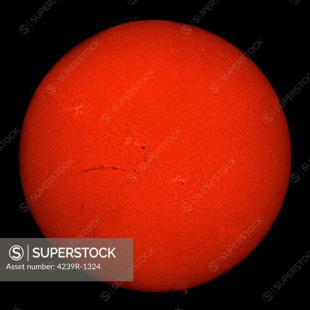 H-alpha full Sun in red color with active areas and filaments