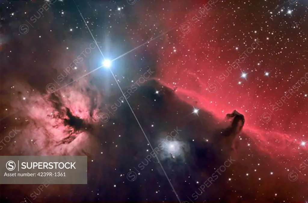 The Horsehead Nebula (also known as Barnard 33 in bright nebula IC 434) is a dark nebula in the Orion constellation