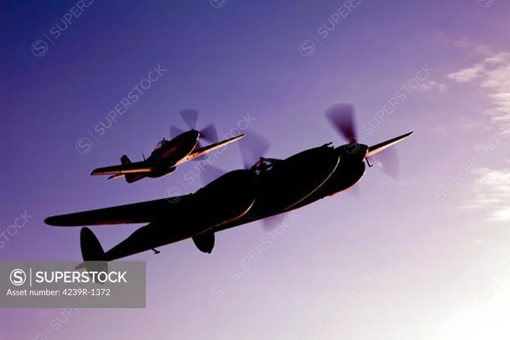 A P-38 Lightning and P-51D Mustang in flight over Chino, California