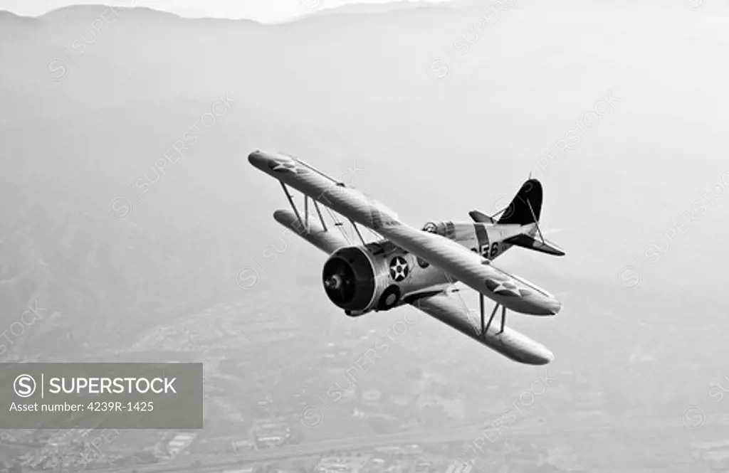 A Grumman F3F biplane in flight near Chino, California