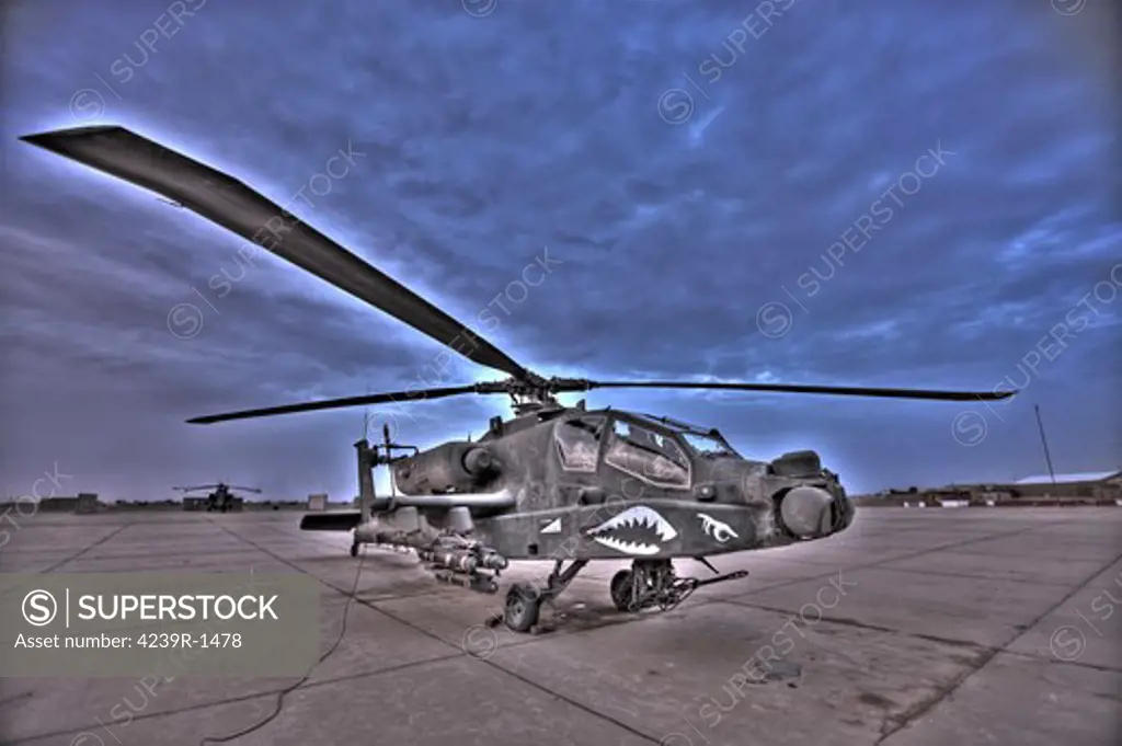 High dynamic range image of a stationary AH-64D Apache Longbow Block III attack helicopter