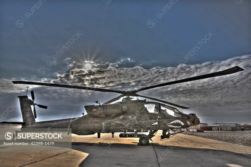 High dynamic range image of a stationary AH-64D Apache Longbow Block III attack helicopter