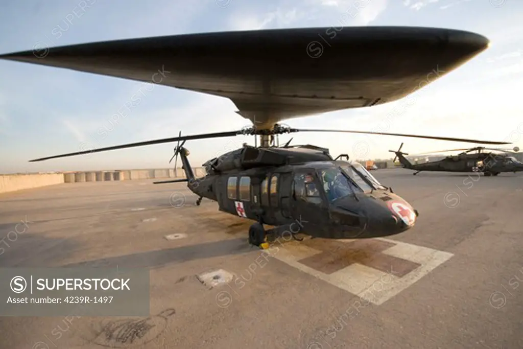 Baqubah, Iraq - A UH-60 Blackhawk Medivac helicopter sits on the flight deck at Camp Warhorse