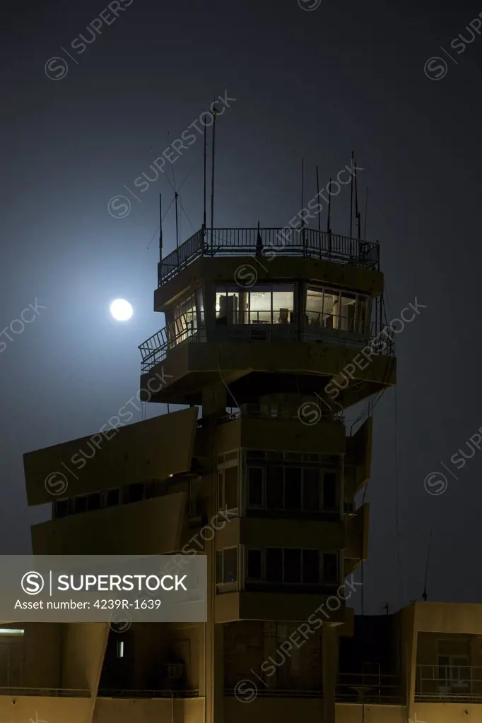 COB Speicher control tower under a full moon