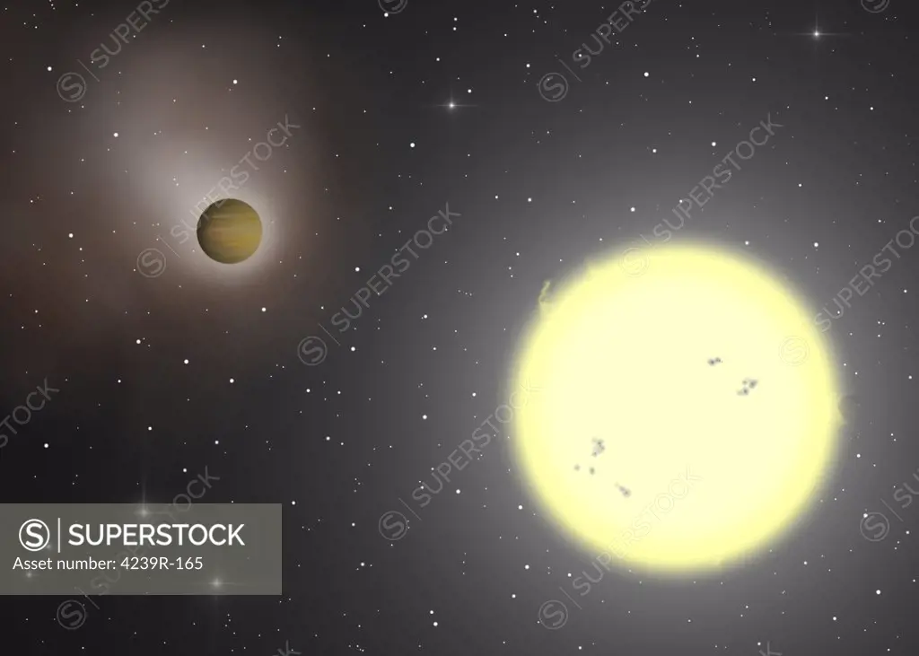 Artist's illustration of the extrasolar planet TrES-4, discovered by professional astronomers with about 84% of the mass of Jupiter, but with a size 1