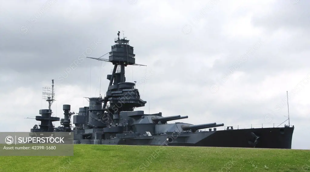 USS Texas (BB-35) battleship appears to have run aground but that is the grassy mound close to the berthing site at Buffalo Bayou in LaPorte, Texas