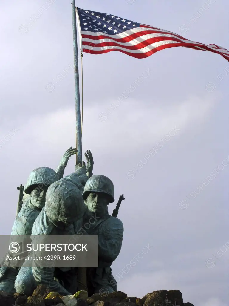 This is a close up of the Iwo Jima bronze statue showing detail of the sculpture