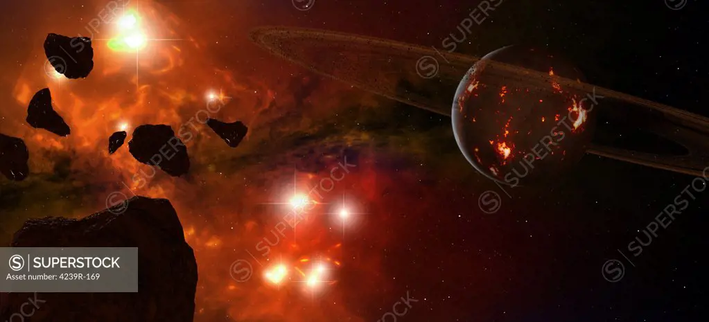A young ringed planet with glowing lava, asteroids in the foreground, nebula in the background