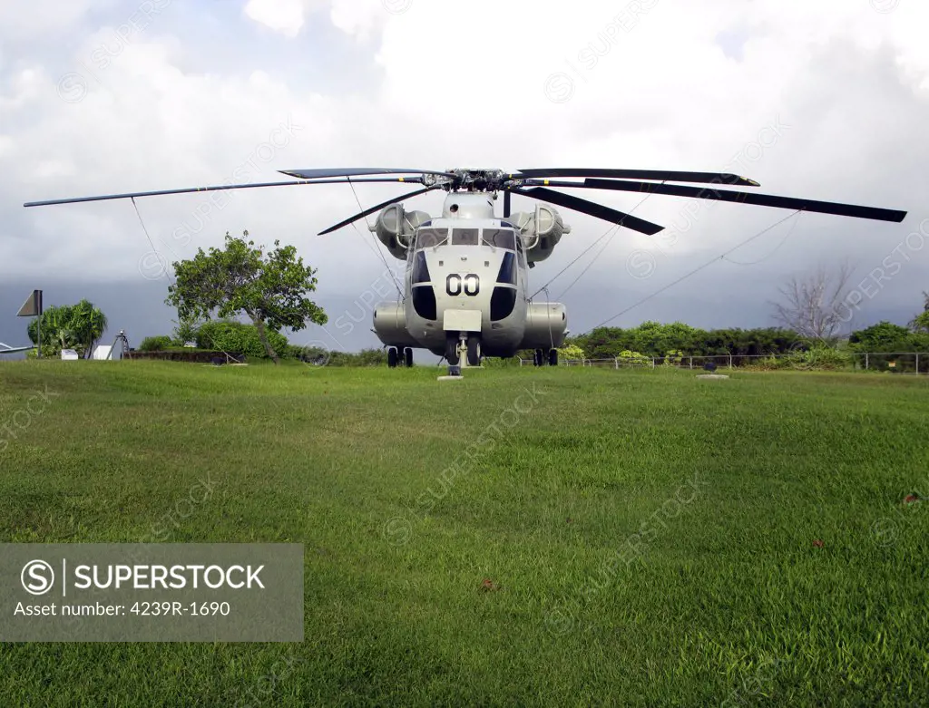 A RH-53D Sea Stallion helicopter is on display near the entrance of the Marine Corps Air Station (MCAS) Kaneohe