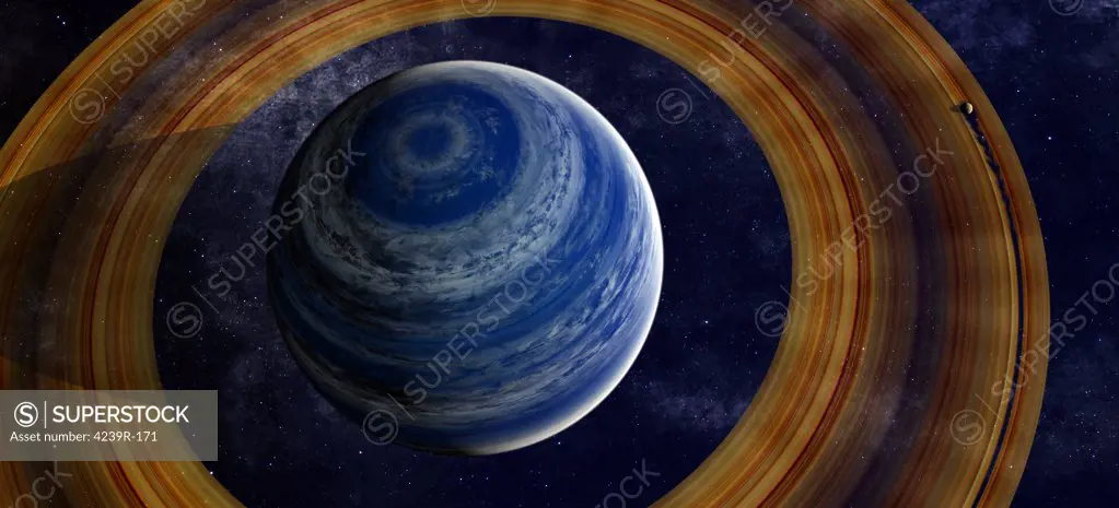 A ringed blue gas giant with shepherd moon in the rings, against a starry background