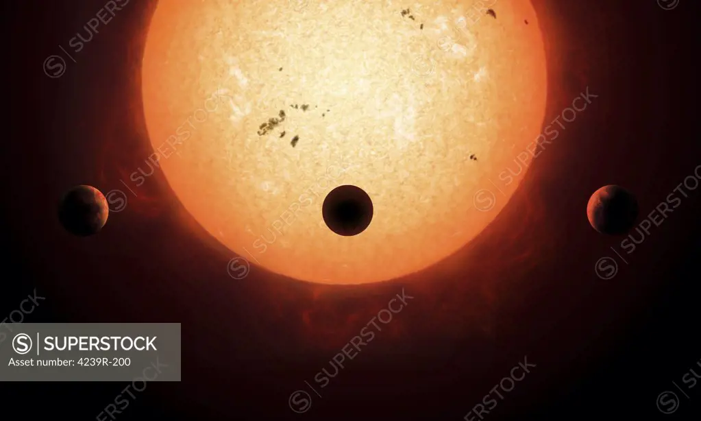 Artist's concept of an earth-sized planet passing in front of a sun-like star to show how part of the light from the star is blocked