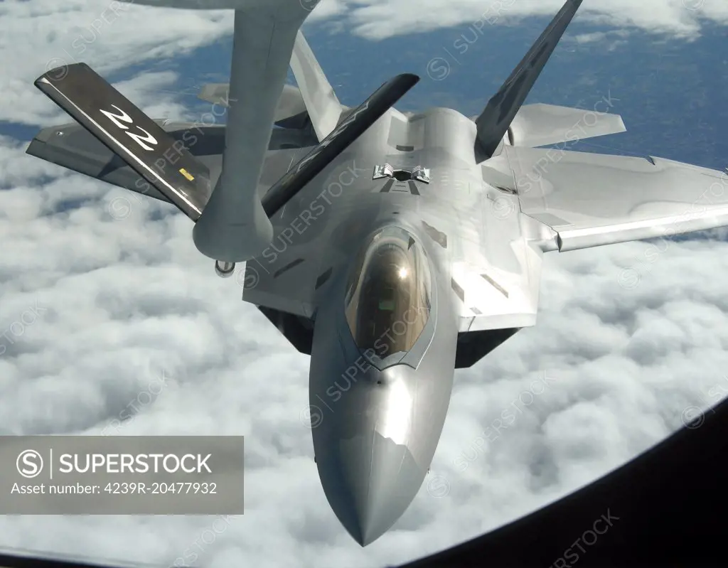 Over the United States, January 21, 2006 - An F-22A Raptor refuels with a KC-135 Stratotanker during the Raptor's first operational mission. The mission was flown in support of Operation Noble Eagle. 