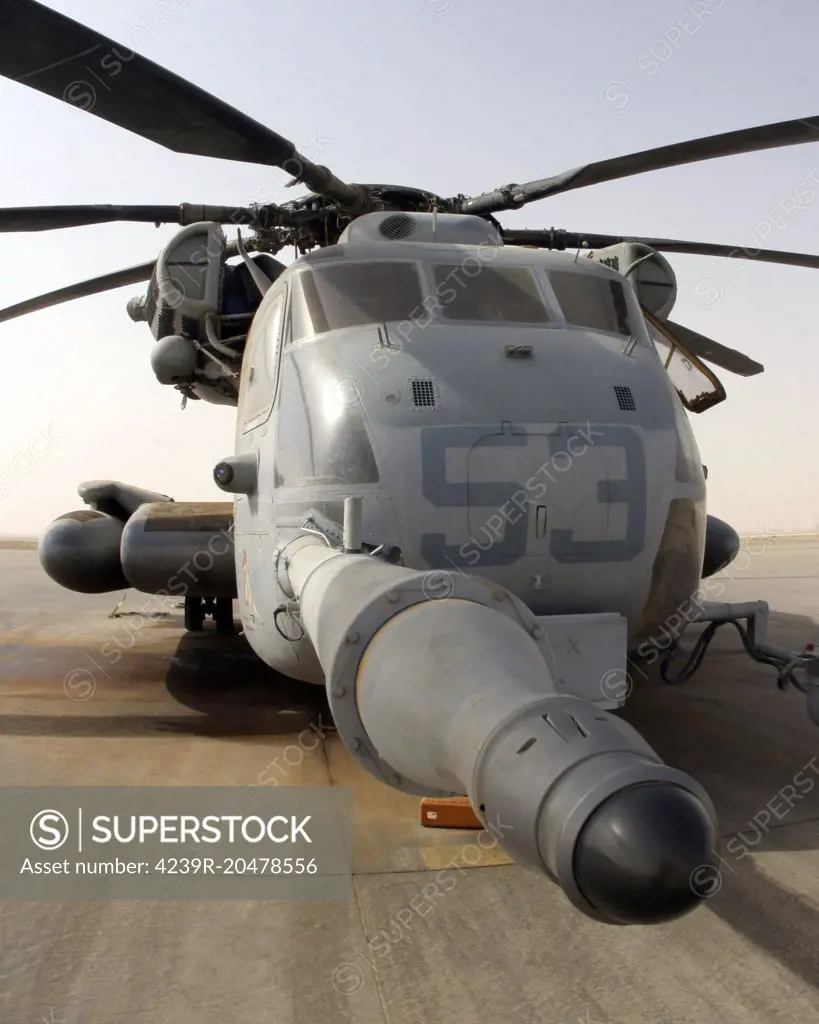 September 6, 2007 - A CH-53E Super Stallion helicopter sits on the flight line at Al Asad Air Base, Iraq.  